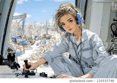 操作龍門起重機的女性操作員的動漫插圖(工作服,嚴肅,駕駛艙) 操作龍門起重機的女性操作員的動漫插圖(工作服,嚴肅,駕駛艙) 129335746