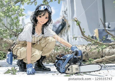 一位微笑的女人用電鋸砍倒一棵倒下的樹的插圖素材 一位微笑的女人用電鋸砍倒一棵倒下的樹的插圖素材 129335747