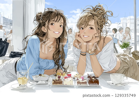 Illustration material of a woman trying new sweets at a cafe 129335749