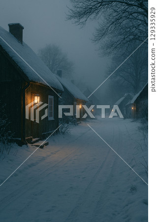 A warehouse on a snowy night 129335929