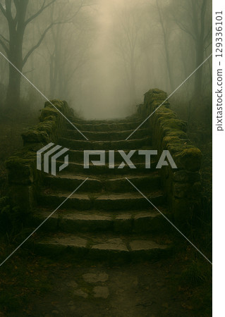 Stone steps shrouded in mist 129336101