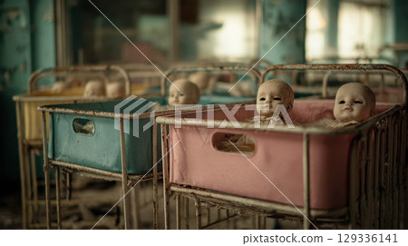Abandoned hospital cribs with eerie dolls, decaying walls, unsettling atmosphere, vintage style 129336141