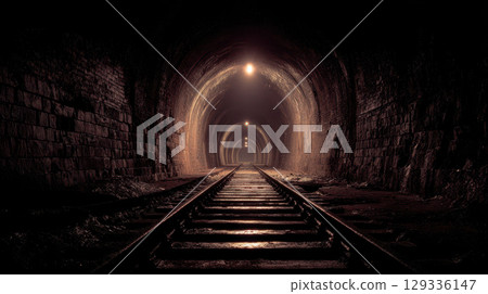 Dark train tunnel with endless railway, brick walls, and faint light creating mysterious mood Dark train tunnel with endless railway, brick walls, and faint light creating mysterious mood 129336147