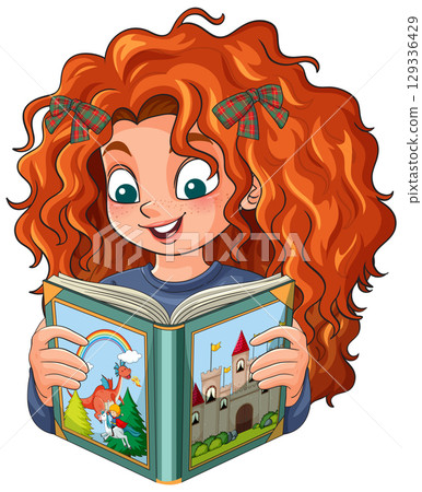 Curly Red-Haired Girl Reading Illustrated Storybook Curly Red-Haired Girl Reading Illustrated Storybook 129336429