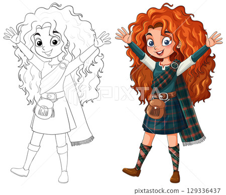 Cheerful Redheaded Girl in Scottish Tartan Dress Illustration Cheerful Redheaded Girl in Scottish Tartan Dress Illustration 129336437