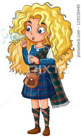 Curly Haired Girl in Tartan Blowing Bubbles 129336440