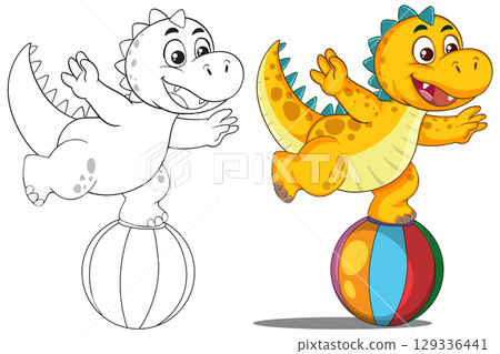 Playful Dinosaur Balancing on a Colorful Ball 129336441