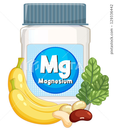 Magnesium Supplement Bottle with Healthy Food Sources 129336442