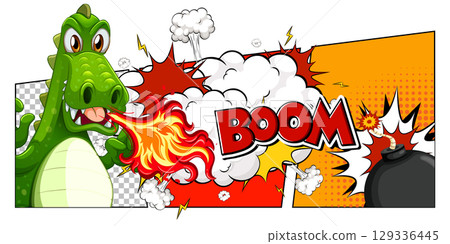 Cartoon Dragon Breathing Fire with Comic Explosion Cartoon Dragon Breathing Fire with Comic Explosion 129336445