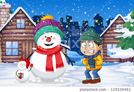 Child Shivering Beside Snowmen in Winter Village Scene 129336461