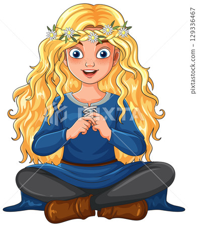 Blonde Girl in Blue Dress Sitting Cross-Legged Smiling Blonde Girl in Blue Dress Sitting Cross-Legged Smiling 129336467