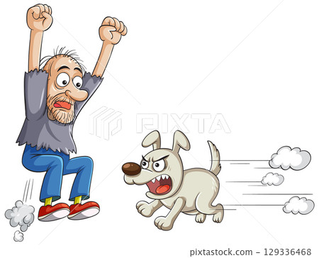 Frightened Man Jumping as Angry Dog Chases Him Frightened Man Jumping as Angry Dog Chases Him 129336468