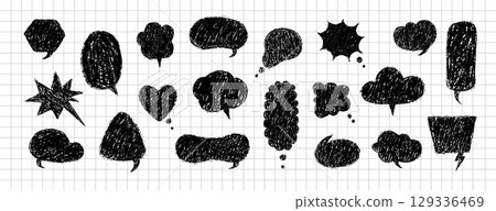 Speech Bubble collection with crayon texture. Vector chat balloons for comics or retro designs. Pencil Chalk Texture Message clouds 129336469