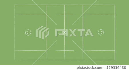 Lacrosse field top view with goal areas and full markings. Realistic sport pitch layout for team training, championship, tournament or strategy design. Athletic turf background concept. 129336488