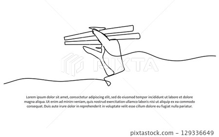 One line of holding chopsticks. Abstract minimal continuous line. One line of holding chopsticks. Abstract minimal continuous line. 129336649