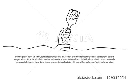 One line of holding a spatula. Abstract minimal continuous line. One line of holding a spatula. Abstract minimal continuous line. 129336654