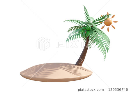 3D render of a tropical island with a vibrant palm tree, green coconuts, and a stylized sun, casting shadows on the sand. Perfect for summer, travel, and vacation themes. 129336746