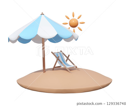 3D render of a minimalist cartoon style summer beach scene with a blue and white striped umbrella, lounge chair, and sun on a small sandy island isolated. Vacation concept. 129336748