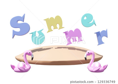 3D render of the word Summer in floating pastel letters over a surfboard platform with two pink flamingo pool floats and beach balls isolated. Concept for vacation, holiday, beach fun. 129336749