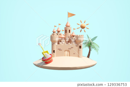 3D render of a charming sandcastle on a floating sand island, complete with a palm tree, bright sun, and sand toys. A minimalist illustration for summer holidays, vacation, and beach fun concept. 129336753