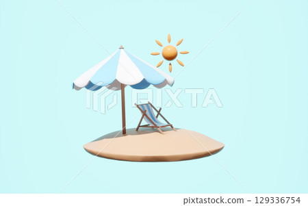 3D rendering of a minimalist beach scene with a striped umbrella and lounge chair on a sandy island, under a stylized sun. Ideal for summer, vacation, and travel concepts on a light blue background. 129336754