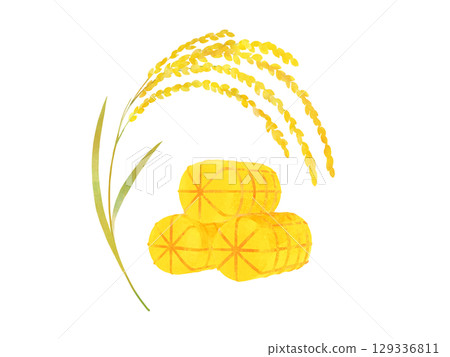 金色稻米和米包水彩插圖 129336811
