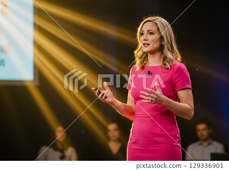 Confident businesswoman giving a presentation on stage 129336901