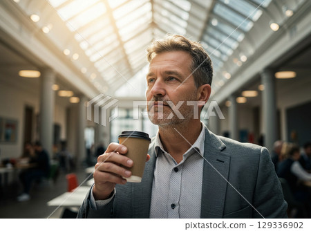 Businessman Holding Coffee in Modern Office Building 129336902