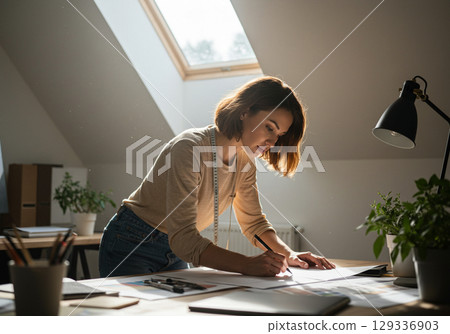 Fashion Designer Working at Her Studio Desk 129336903