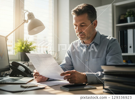 Businessman reviewing documents at office desk 129336923