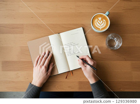 Woman writing in notebook at cafe, top view 129336980