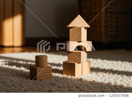 Wooden Blocks Toy Stacked on Carpet, Sunlight 129337006