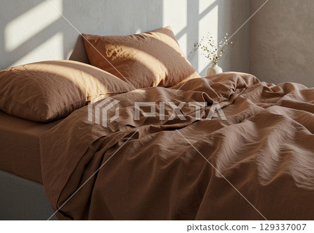 Brown Linen Bedding in Sunlit Bedroom 129337007