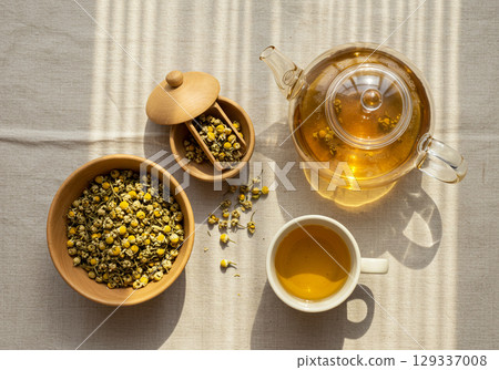 Chamomile Tea Herbal Drink, Wooden Bowls, Glass Teapot 129337008