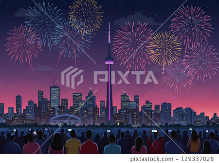 Toronto City Skyline Fireworks Display 129337028