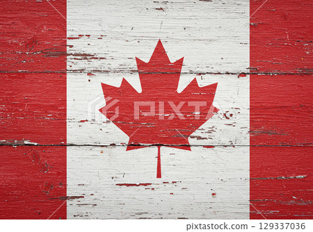 Canadian Flag on Rustic Wooden Boards 129337036