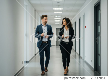 Business Colleagues Walking and Talking in Office Hallway 129337051