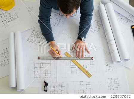 Architect reviewing blueprints at desk 129337052