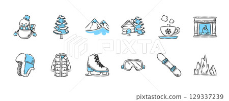 Winter season hand drawn icon collection. Set 2 of 3. Vector illustration. 129337239