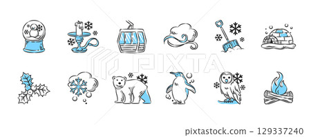 Winter season hand drawn icon collection. Set 3 of 3. Vector illustration. 129337240