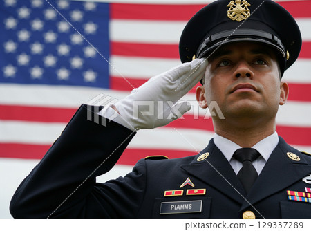 Soldier Saluting American Flag, Military Honor 129337289