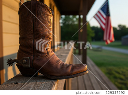Cowboy Boot on Porch Rail at Sunset with American Flag 129337292