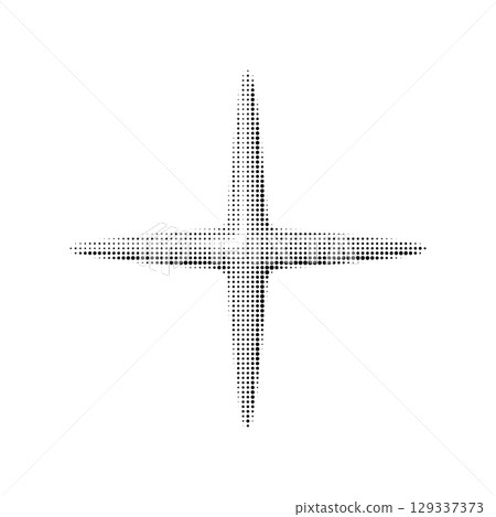 Minimalist vector sparkle shape with halftone shading. Glossy black and white 3D star isolated on white background. Abstract shining element for design, stickers or UI icons. 129337373