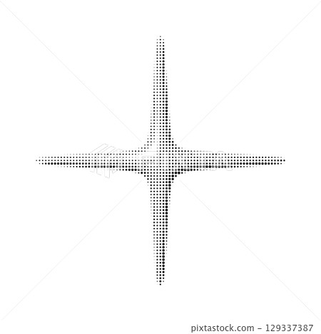 Four-point halftone sparkle star. Retro-style dotted vector shape with soft gradient effect. Abstract monochrome burst icon for decoration, design elements, or comic art. 129337387