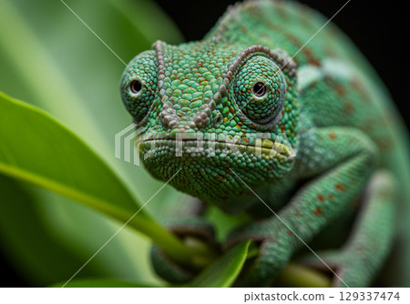 Closeup of a vibrant green chameleon on a leaf Closeup of a vibrant green chameleon on a leaf 129337474