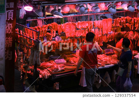 Pork sold at a butcher shop in the Hong Kong market. Higher and more expensive than beef and chicken. Chinese love pork 129337554