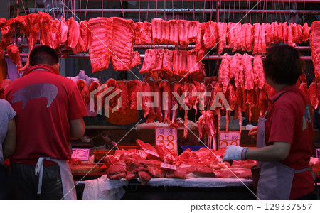 Pork sold at a butcher shop in the Hong Kong market. Higher and more expensive than beef and chicken. Chinese love pork 129337557
