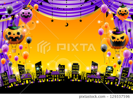 Halloween theater, purple, curtain, cityscape, cute, illustration, background, horizontal 129337596