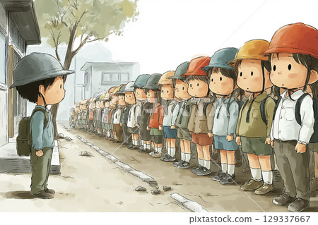 Children lined up at school wearing disaster prevention hoods 129337667
