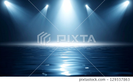 藍色發光舞台和聚光燈照亮的未來主義空間背景 藍色發光舞台和聚光燈照亮的未來主義空間背景 129337863